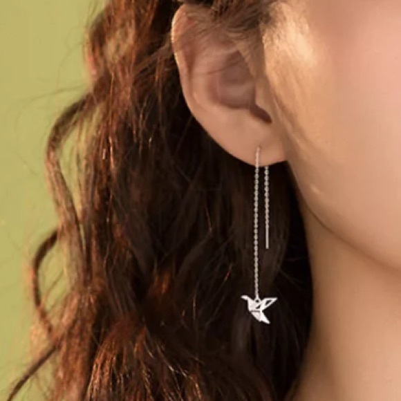Sterling Silver 925 Long Paper Crane Earrings - Picture 5 of 5